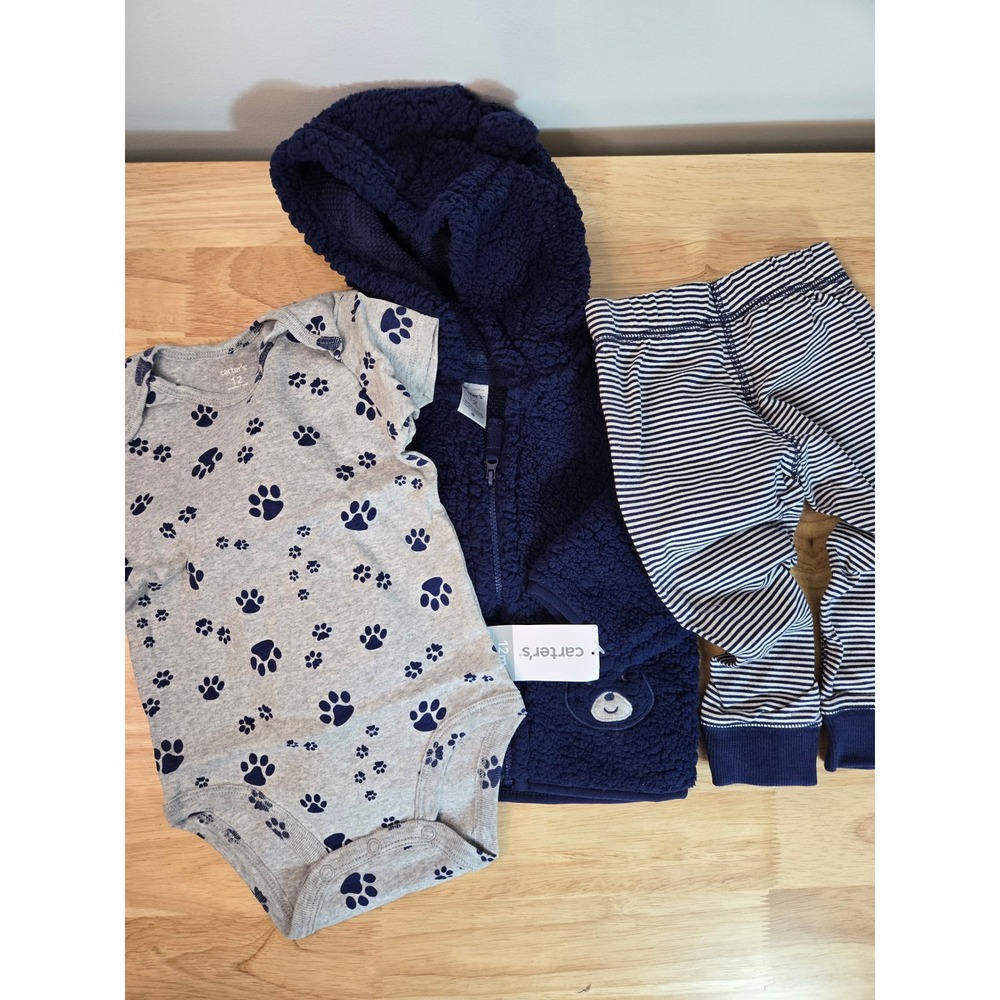 Carters Baby Boys 12M 3-Piece Sherpa Hoodie Bodysuit Pants Set NWT Navy Grey